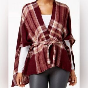 BCBG Burgundy Plaid Poncho Cape